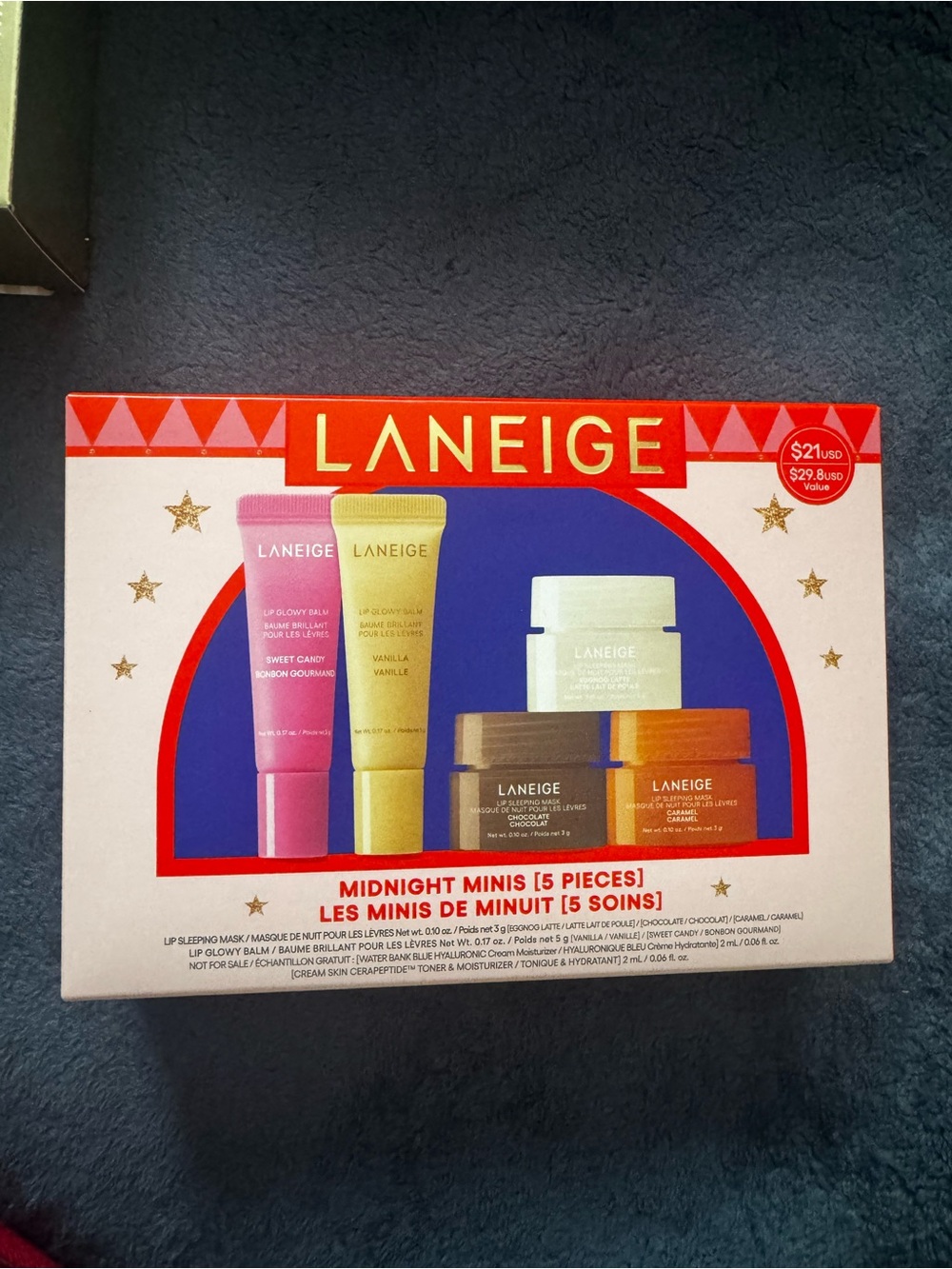 LANEIGE Midnight Minis Skincare Set - Red, Pink, Yellow, Blue, Brown, White